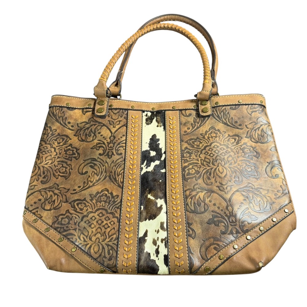 Justin Western Tote Bag Floral Embossed Cowhide Hair On Hide Brown Handbag